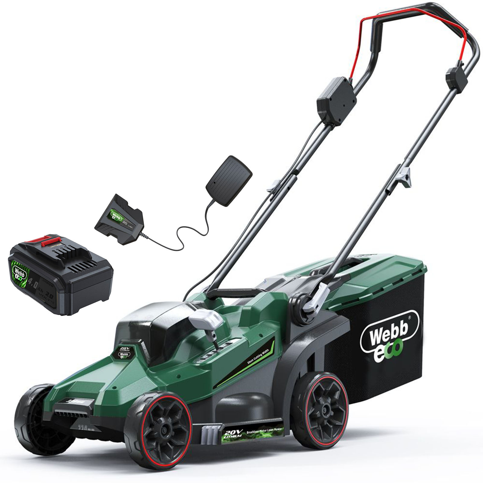 Webb WEV20LM33 20v Cordless Brushless Rotary Lawnmower 330mm 1 x 4ah Li-ion Charger
