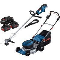 Bosch Professional 18v Cordless Brushless Rotary Lawnmower and Grass Trimmer Kit 2 x 5.5ah Li-ion Battery Charger