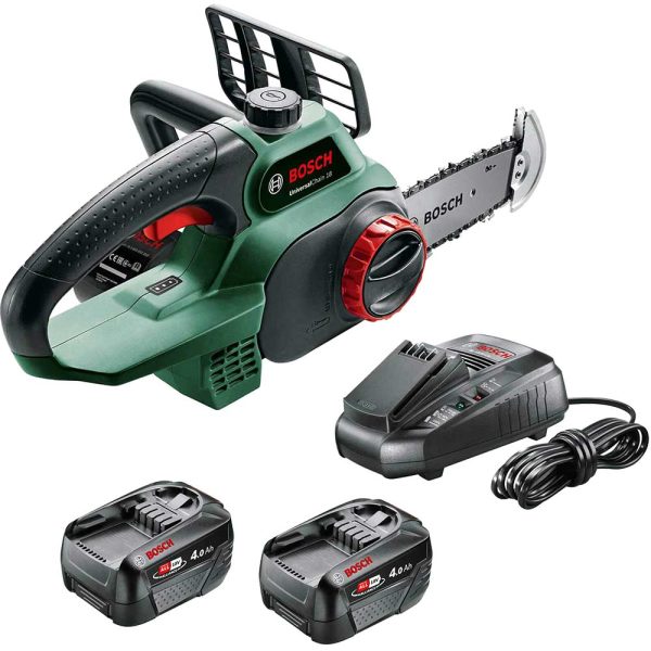 Bosch UNIVERSALCHAIN P4A 18v Cordless Chainsaw 200mm 2 x 4ah Li-ion Battery Charger