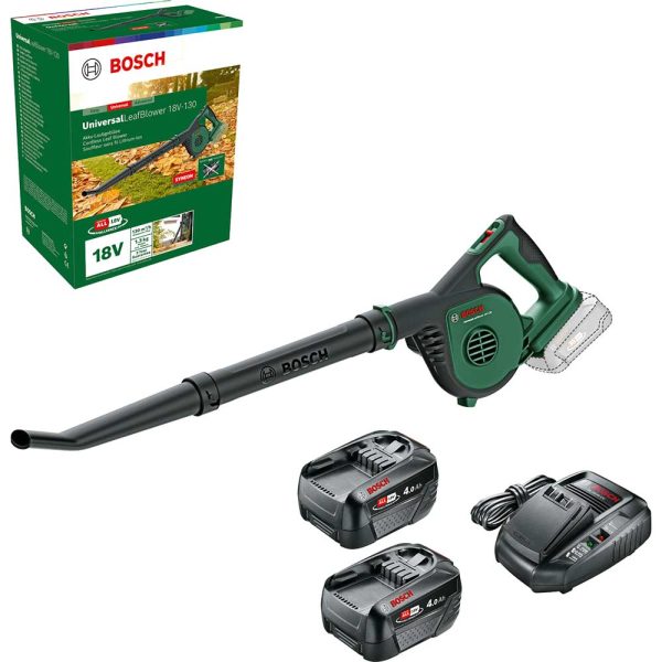 Bosch UNIVERSALLEAFBLOWER 18V-130 P4A 18v Cordless Garden Leaf and Workshop Blower 2 x 4ah Li-ion Battery Charger
