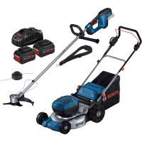 Bosch Professional 18v Cordless Brushless Rotary Lawnmower and Brush Cutter Kit 2 x 5.5ah Li-ion Battery Charger