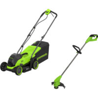 Greenworks Twin 24v Cordless Lawnmower 360mm and 24v Grass Trimmer 250mm 2 x 4ah Li-ion Twin Battery Charger