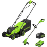 Greenworks 24v Cordless Brushless Lawnmower 330mm and Grass Trimmer 250mm 1 x 4ah Li-ion Battery Charger