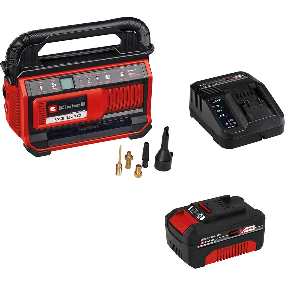 Einhell PRESSITO 18/25 18v Cordless or Mains Air Compressor and Inflator 1 x 4ah Li-ion Battery Charger