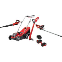 Einhell GE-CM 18v Cordless Rotary Lawnmower, Blower, Grass and Hedge Trimmer Kit 2 x 4ah Li-ion Battery Charger