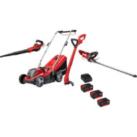 Einhell GE-CM 18v Cordless Rotary Lawnmower, Blower, Grass and Hedge Trimmer Kit 3 x 4ah Li-ion Battery Charger